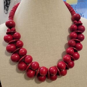Cherry Red Beaded Wood Choker Style Necklace